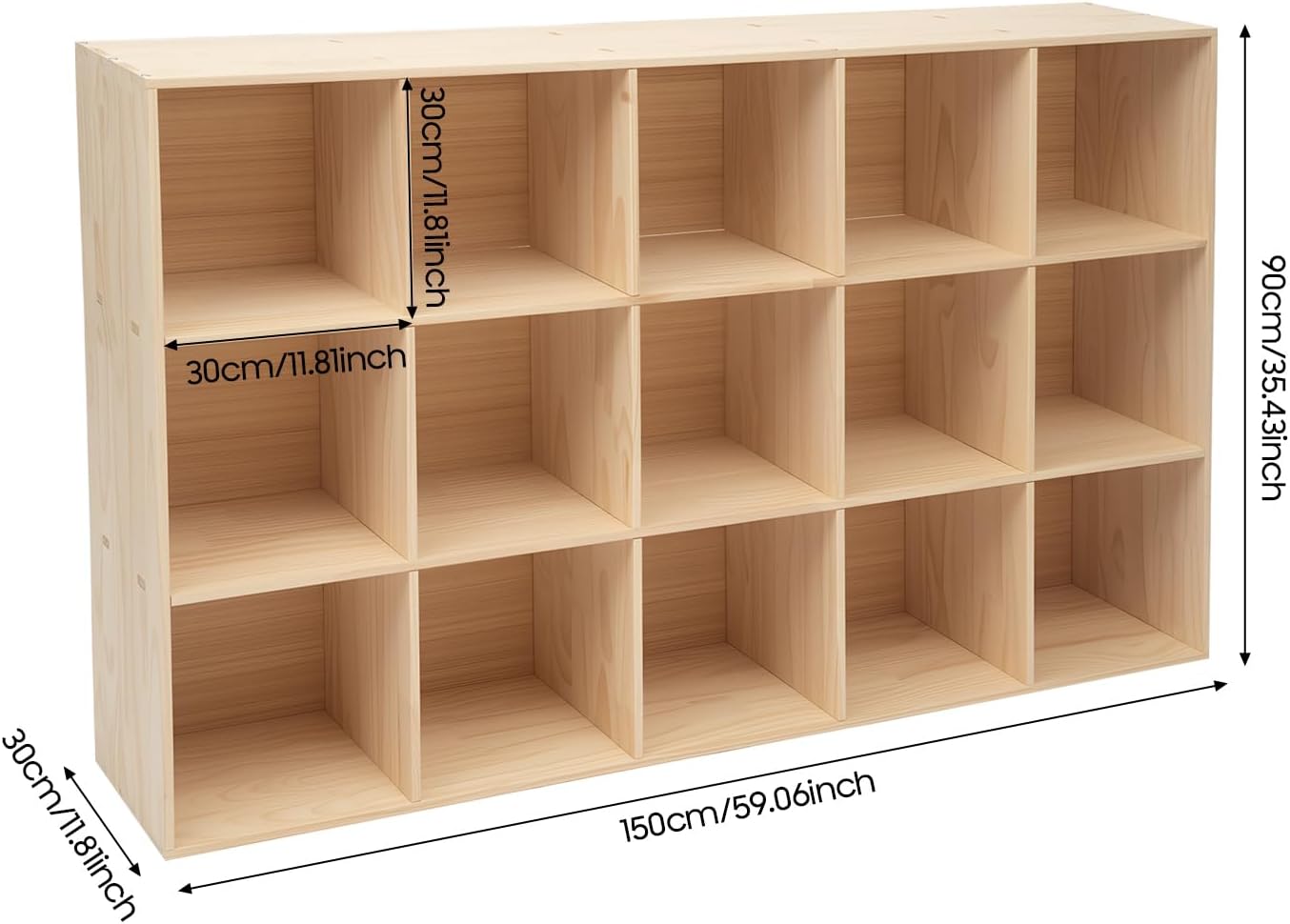 Bibliothèque 15 Compartiments en Bois Massif 150 x 30 x 90 cm