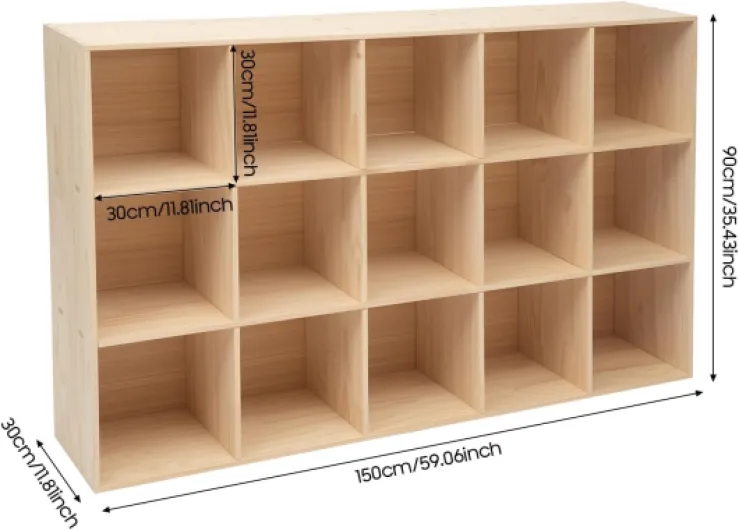 Bibliothèque 15 Compartiments en Bois Massif 150 x 30 x 90 cm