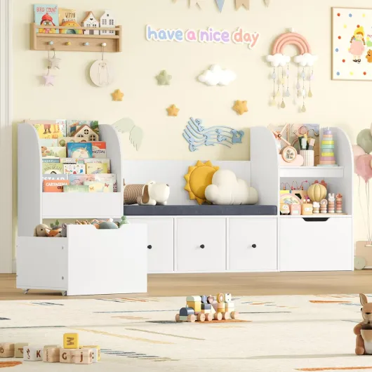 Meuble Rangement Enfant 180cm Bibliothèque Enfant avec Banc Blanc Blanche