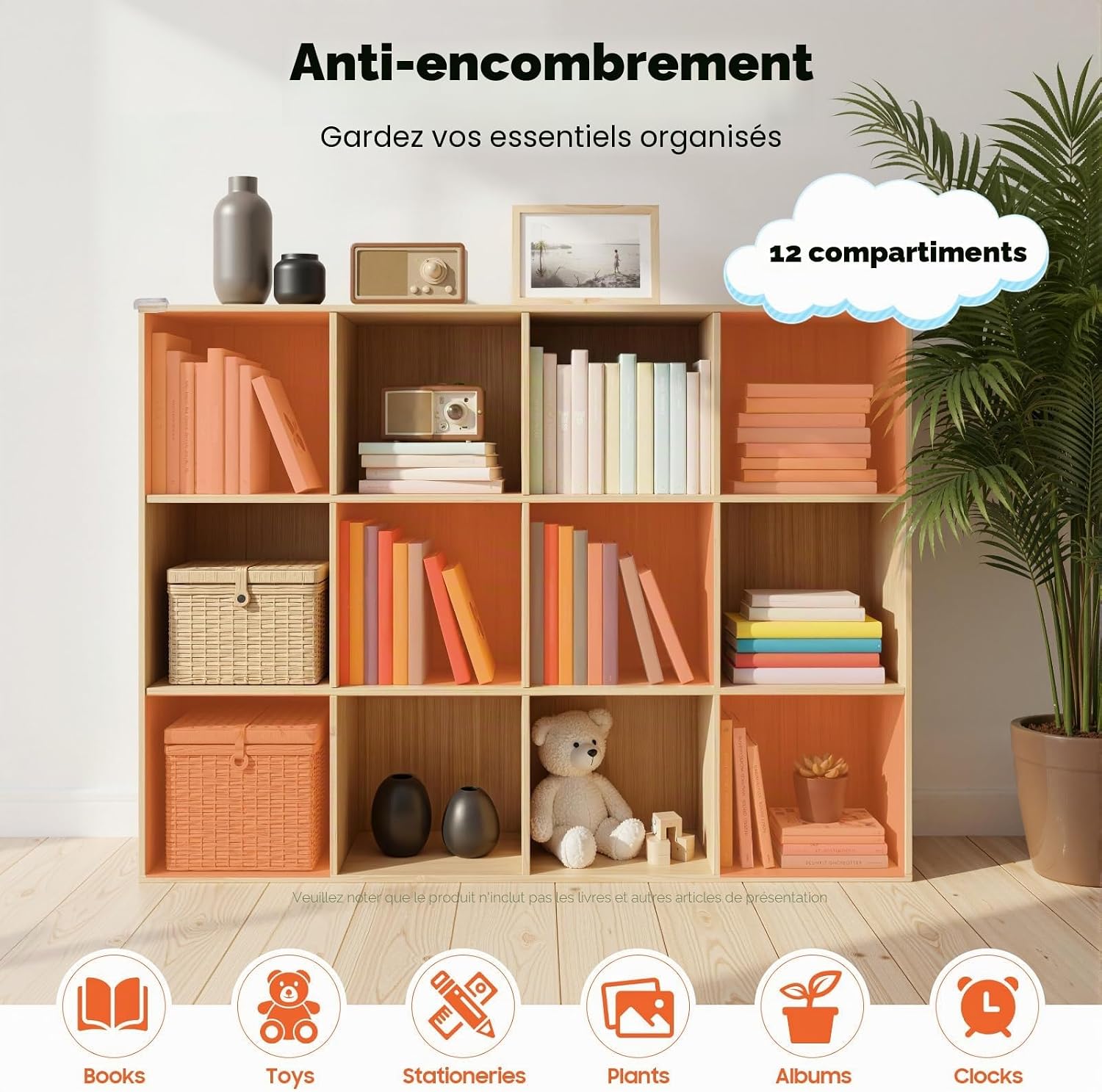 Bibliothèque 12 Compartiments en Bois Massif 120x30x90cm Stable Moderne