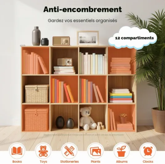 Bibliothèque 12 Compartiments en Bois Massif 120x30x90cm Stable Moderne