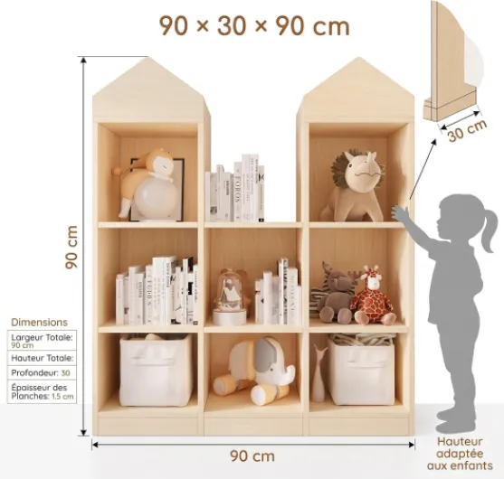 Bibliothèque Enfant en Forme De Château, 90 x 30 x 90 cm Natural