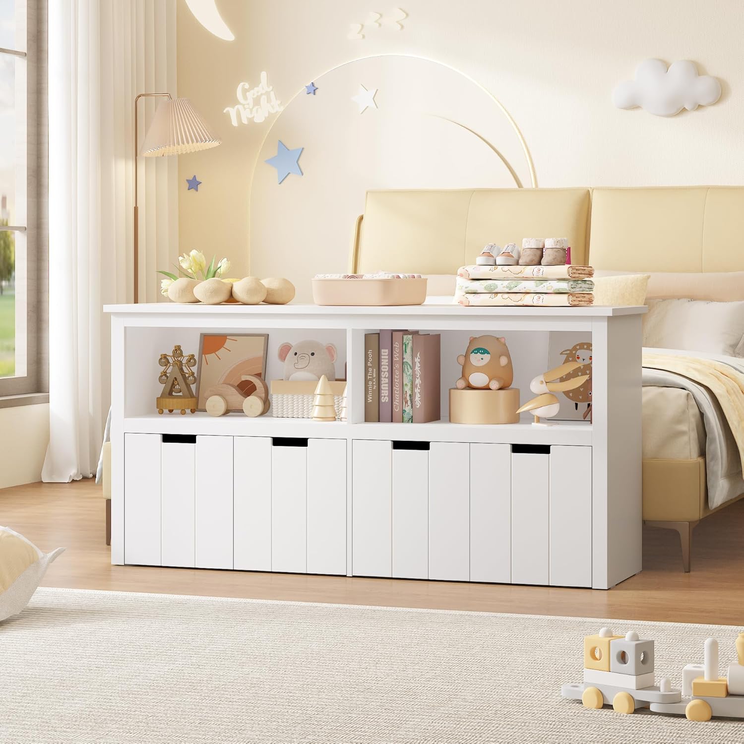 Meuble Rangement Enfant Rangement Jouet Enfant avec 4 Tiroirs Roulants Armoire de Rangement pour Chambre d’Enfant Salle de Jeu 120x33x61,5cm Blanc