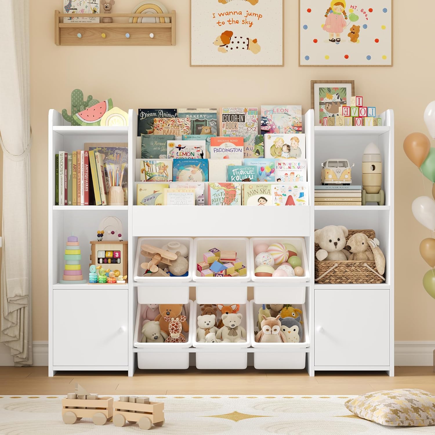 Meuble Rangement Enfant Bibliothèque Enfant avec 6 Boîtes Amovibles 12 Étagères Rangement Jouet Enfant pour Chambre d’Enfant Salle de Jeu Blanc