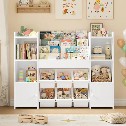 Meuble Rangement Enfant Bibliothèque Enfant avec 6 Boîtes Amovibles 12 Étagères Rangement Jouet Enfant pour Chambre d’Enfant Salle de Jeu Blanc