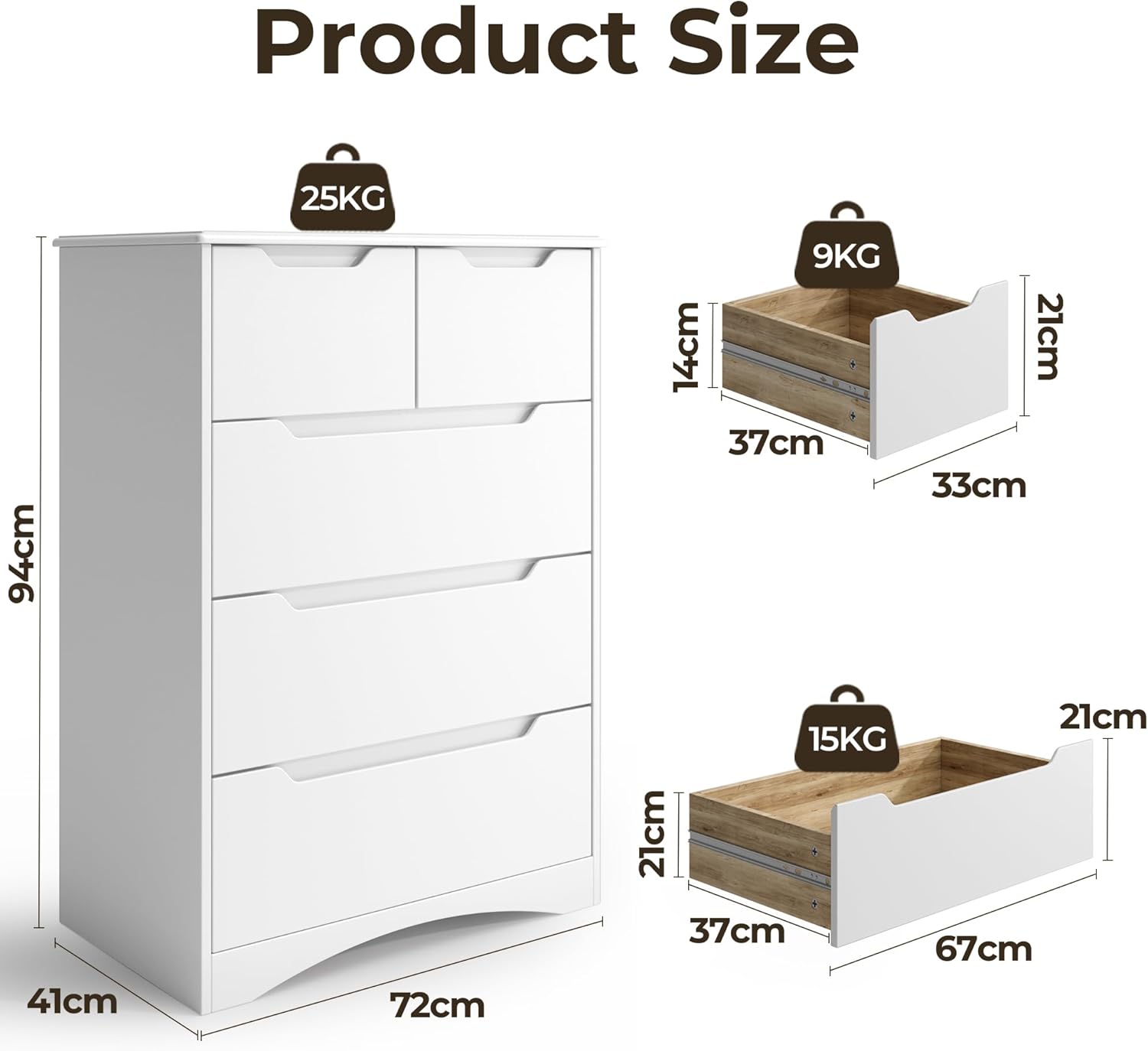 Blishom Commode à 5 Tiroirs,Armoire de Chambre à 5 Tiroirs,Salon Meuble de Rangement,Poignée dissimulée,Solide et résistante aux basculements,Coinsarrondis,72x41x94cm,Blanc