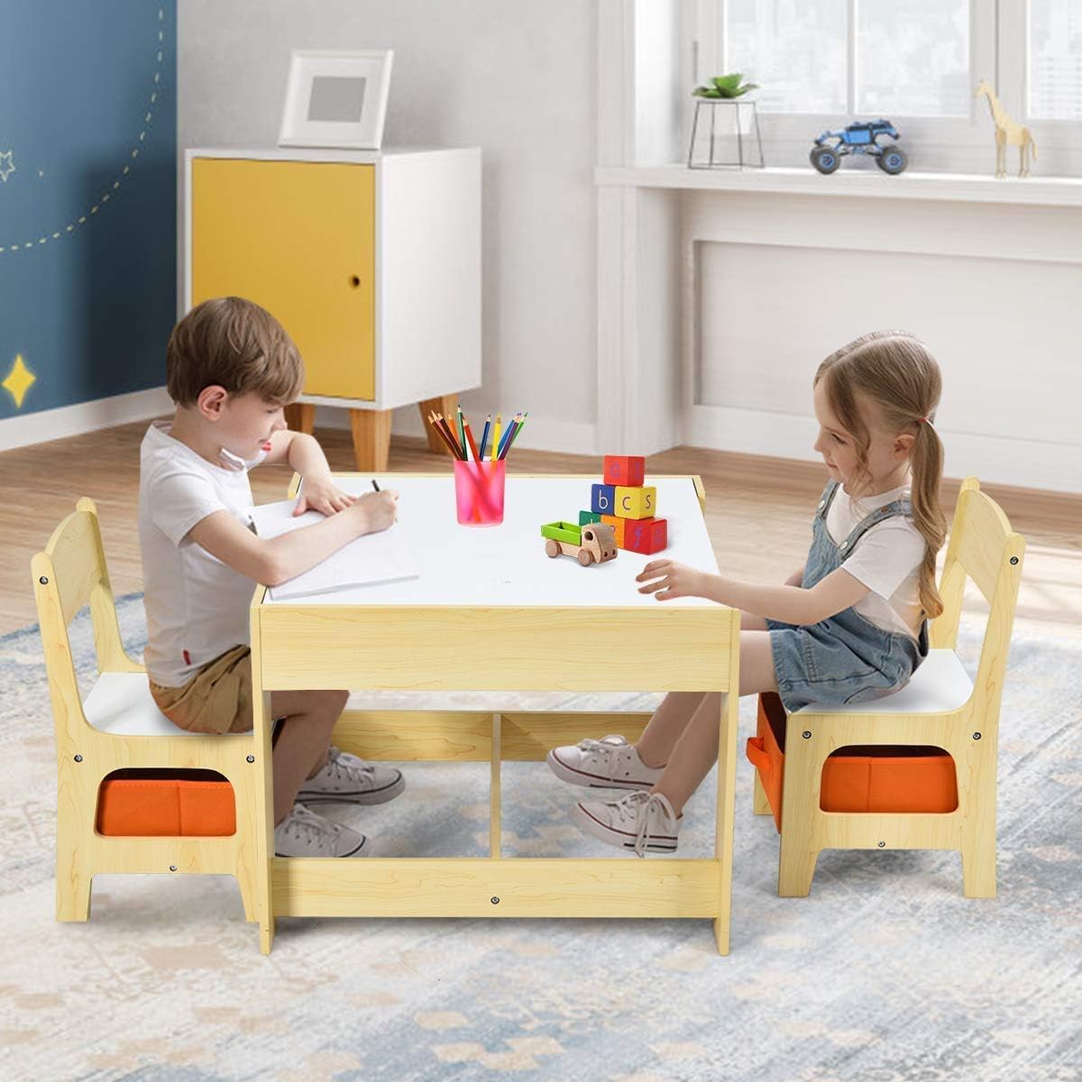 Table Enfant avec 2 Chaises, 3-en-1 Petite Table de Dessin, Réversible à Double Face avec Tableau Noir, 2 Boîtes de Rangement, Bureau Enfant Polyvalente pour Manger Etudier Jouer Naturel+orange