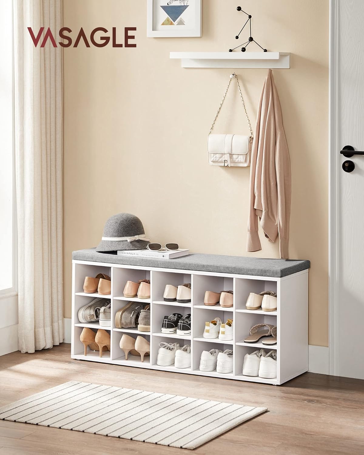Banc à Chaussures, Organiseur de Chaussures avec 15 Compartiments, Siège Rembourré, pour Entrée, Couloir, Placard, Blanc Nuage et Gris Tourterelle LHS15WT 15 Fächer (30T x 105B cm) Blanc Nuage + Gris Tourterelle