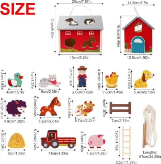Andux Jouet en Bois Animal De La Ferme avec Toit Rabattable Et Poignée Jouet en Bois Ferme à Lacer Jouets d'apprentissage à Trier Et à Empiler NCWJ-01