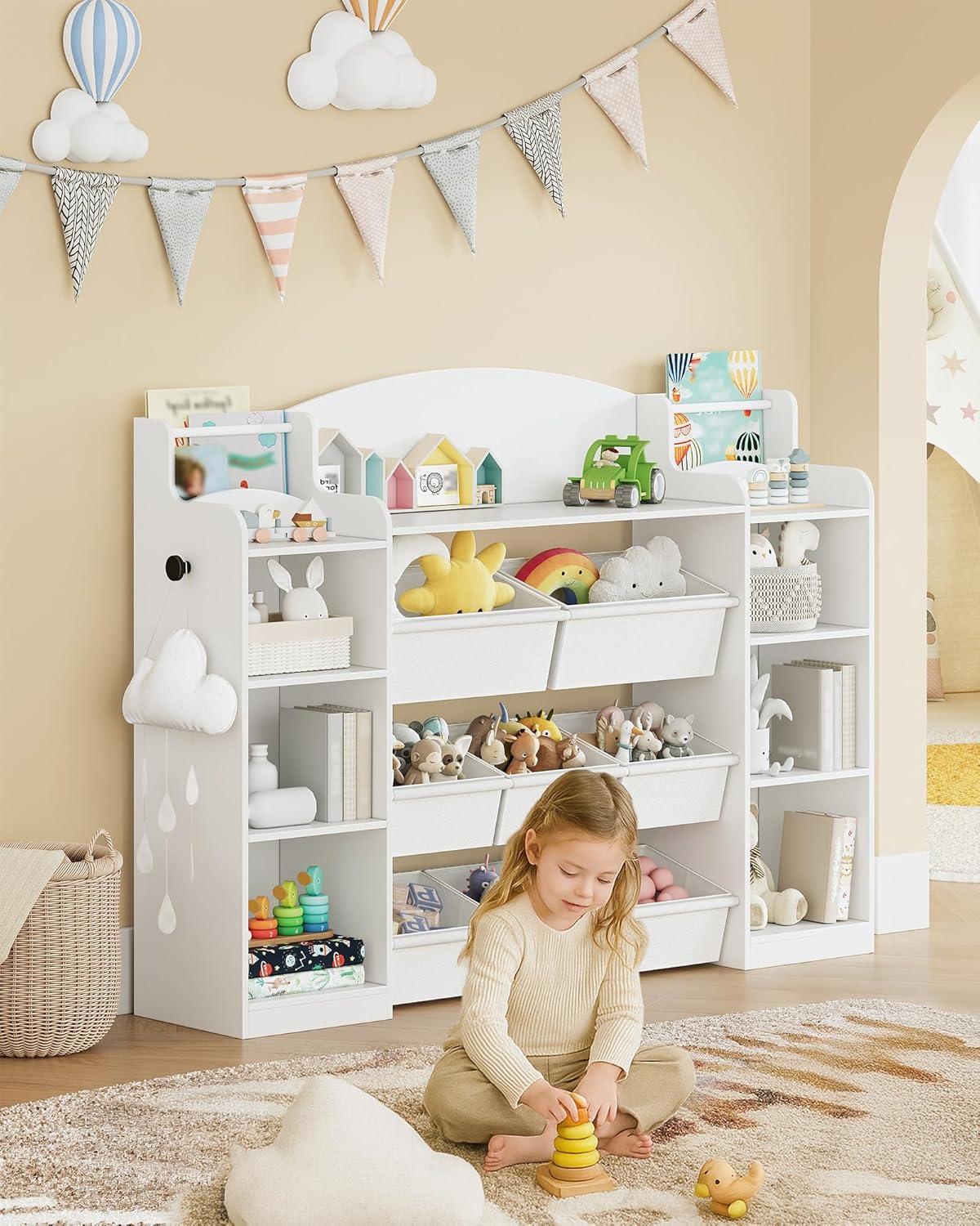 Bibavecliothèque pour Enfants, étagère en Bois, étagère à Jouets 8 boîtes en Non-tissé pour Chambre d'enfant, Salon, Bureau Blanc 30 x 140 x 104 cm KB43003W