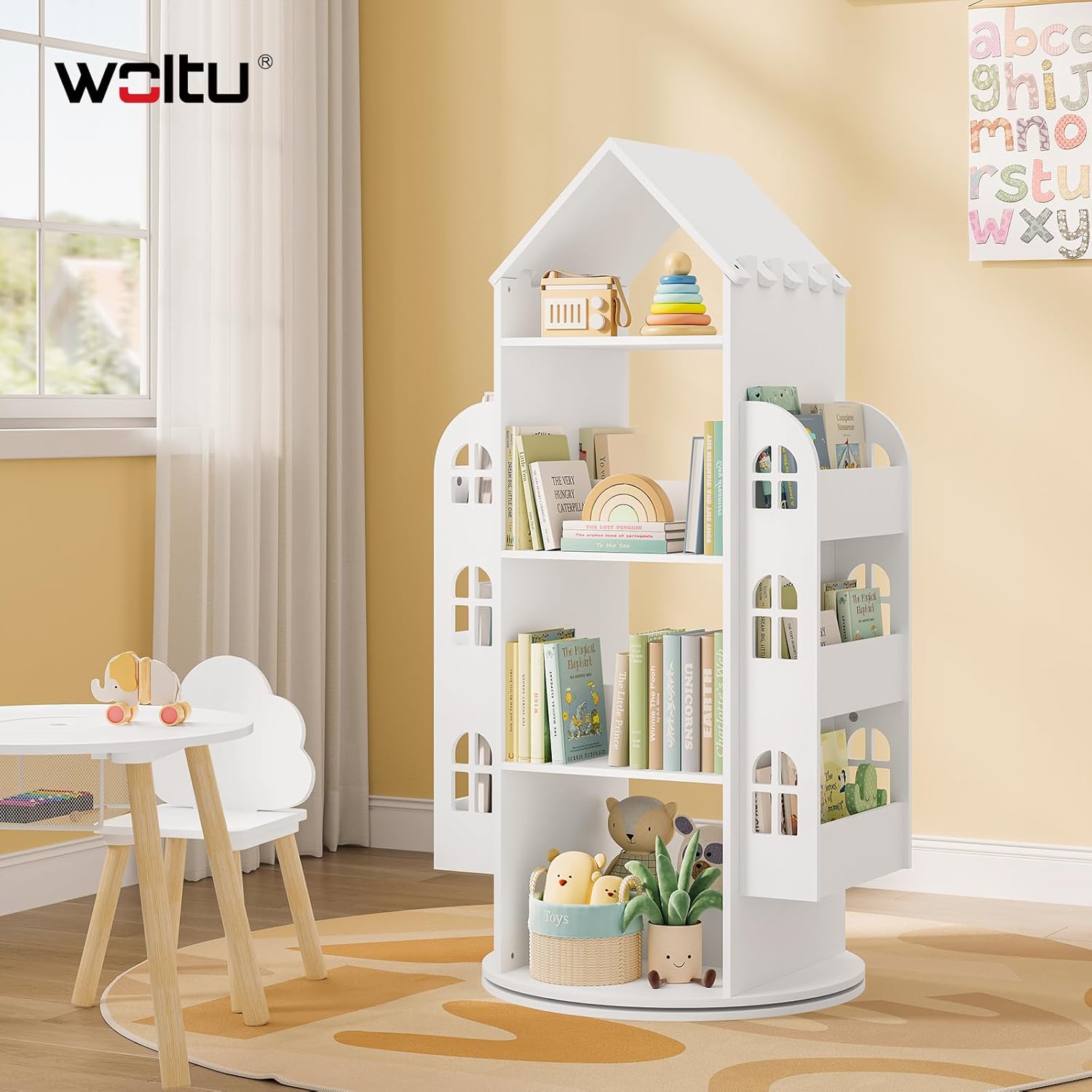 Bibliothèque pour Enfants, Étagère Rotative à 4 Niveaux, Meuble de Rangement pour Jouets avec 13 Compartiments, Bibliothèque Blanche en Forme de Maison, 63x59x125cm