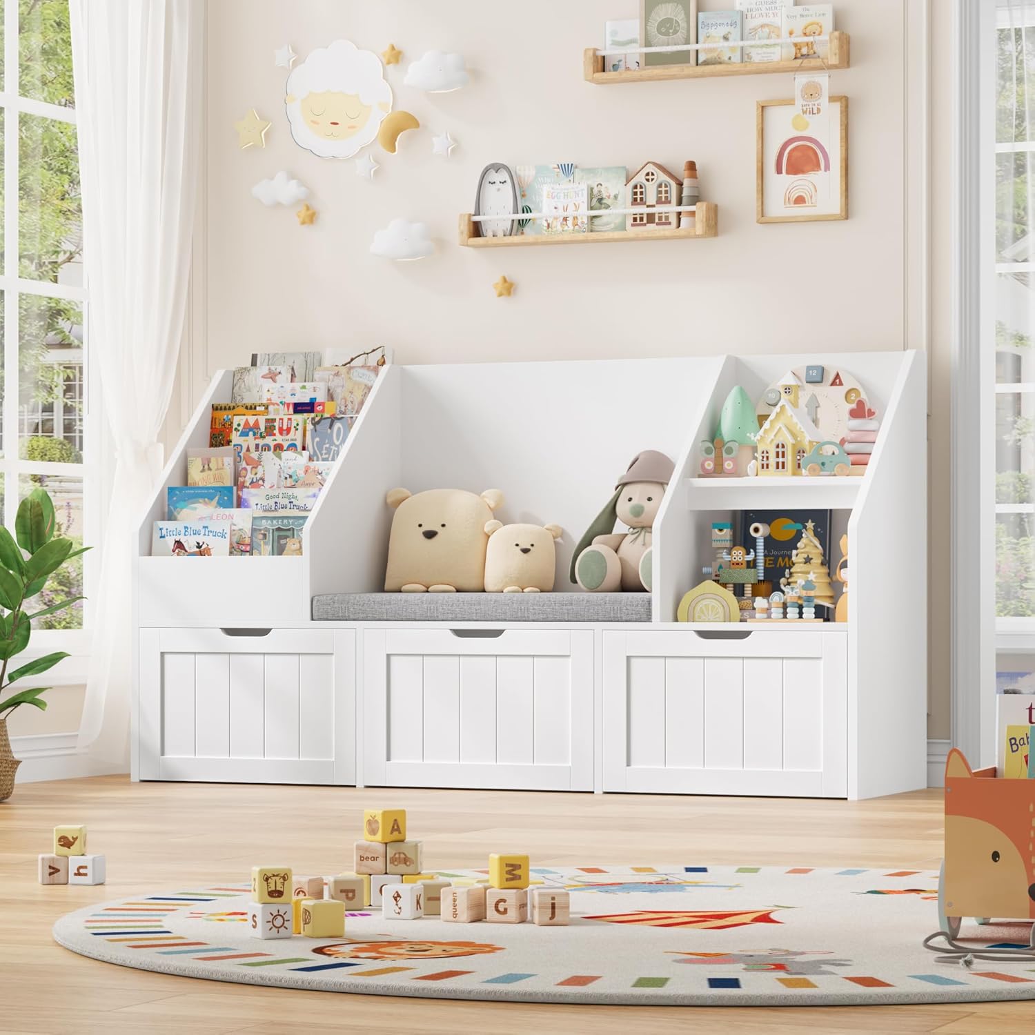 Meuble Rangement Enfant Bibliothèque Enfant avec Banc 9 Étagères 3 Tiroirs Roulants Coussin Amovible Rangement Jouet pour Chambre d’Enfants Salle de Jeu 140x39.5x80cm Blanc