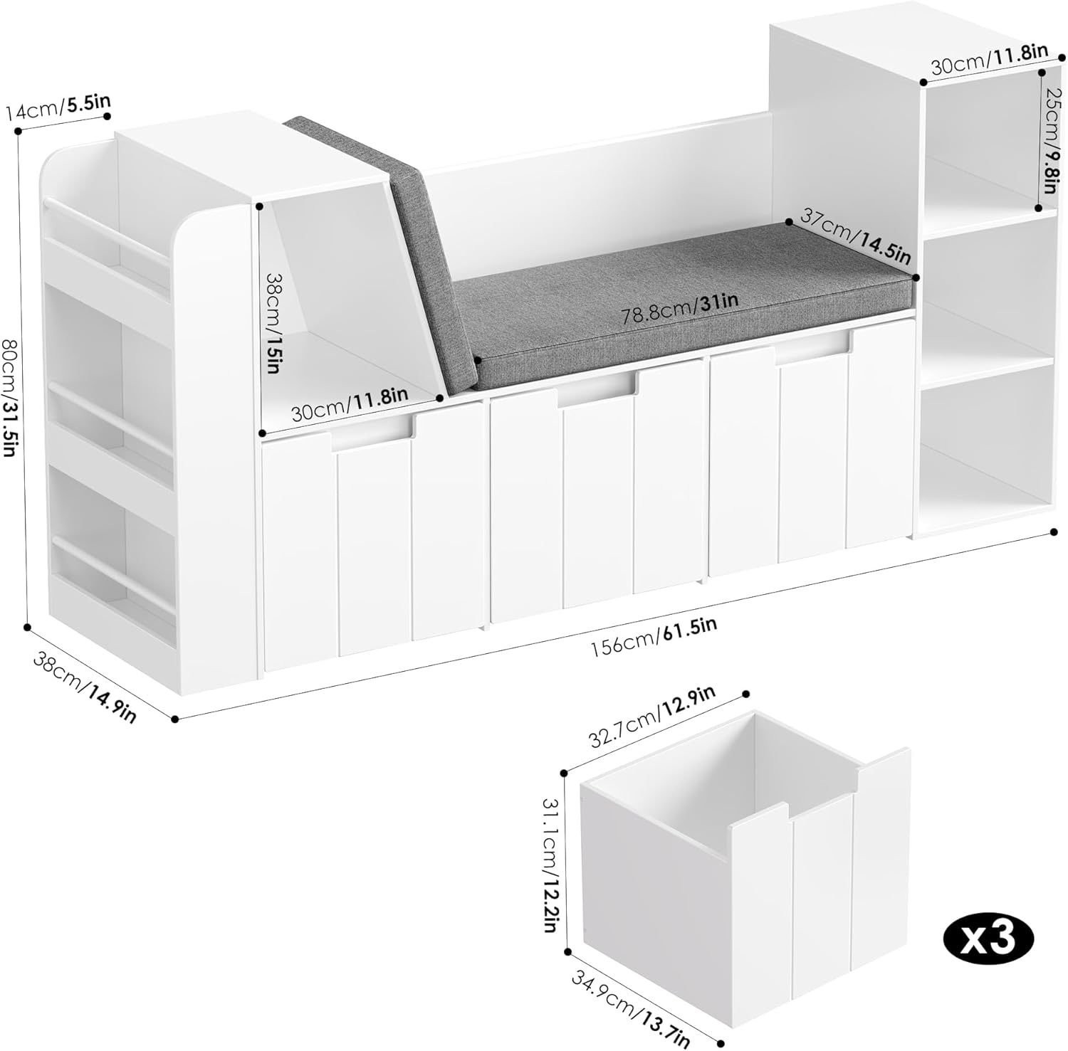 Bibliothèque Enfant, 156 cm Étagère pour Enfants avec Bibliothèque Banc, Meuble Rangement Jouet avec 3 Tiroirs Roulants, Blanc, 80×38×156 cm