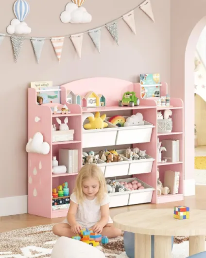 Bibliothèque pour Enfants, étagère en Bois, étagère à Jouets avec 8 boîtes en Non-tissé pour Chambre d'enfant, Salon, Bureau Rose 30 x 140 x 104 cm KB43030W