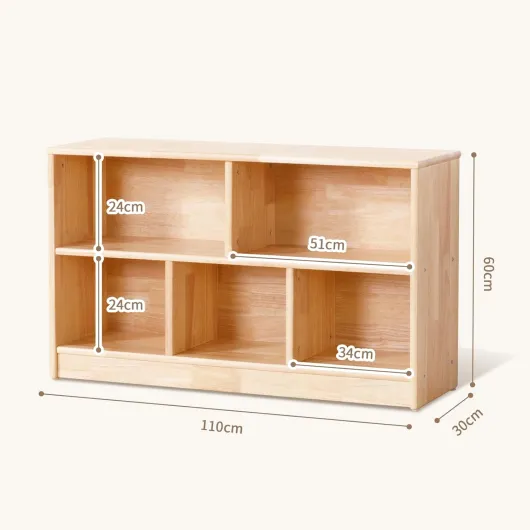 Étagère-Montessori 5 Cases Bois d'hévéa 110cm (43,3'') - 2 systèmes Rangement & Stockage - Armoire en Bois pour Chambre d'enfant, Salle de Jeux, garderie, Classe & Maternelle 5 Compartiments-110cm L
