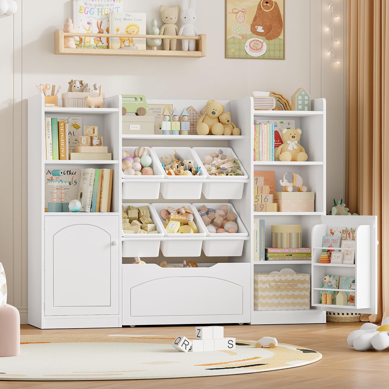 Meuble Rangement Enfant Bibliothèque Enfant avec 15 Étagères 6 Boîtes Amovibles 1 Tiroirs Roulants 2 Portes Rangement Jouet pour Chambre d'enfants Salle de Jeu 140x33x108.2cm Blanc