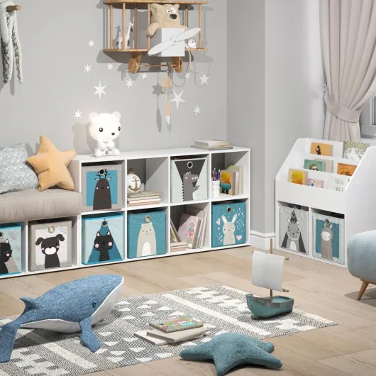Bibliothèque Enfant Scutum, Blanc, 143x72cm avec 8 Boxes pliants, Convient pour Le Rangement des Jouets et des Livres Blanc 8 compartiments + 8 boîtes pliantes (gris, bleu)