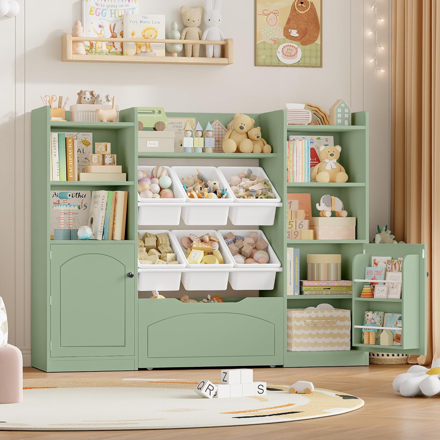 Meuble Rangement Enfant Bibliothèque Enfant avec 15 Étagères 6 Boîtes Amovibles 1 Tiroirs Roulants 2 Portes Rangement Jouet pour Chambre d'enfants Salle de Jeu 140x33x108.2cm Vert