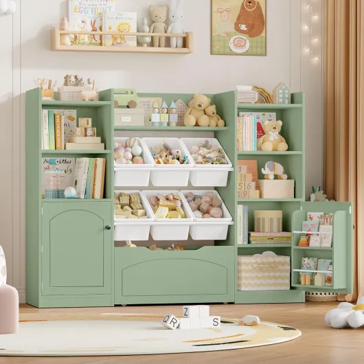 Meuble Rangement Enfant Bibliothèque Enfant avec 15 Étagères 6 Boîtes Amovibles 1 Tiroirs Roulants 2 Portes Rangement Jouet pour Chambre d'enfants Salle de Jeu 140x33x108.2cm Vert