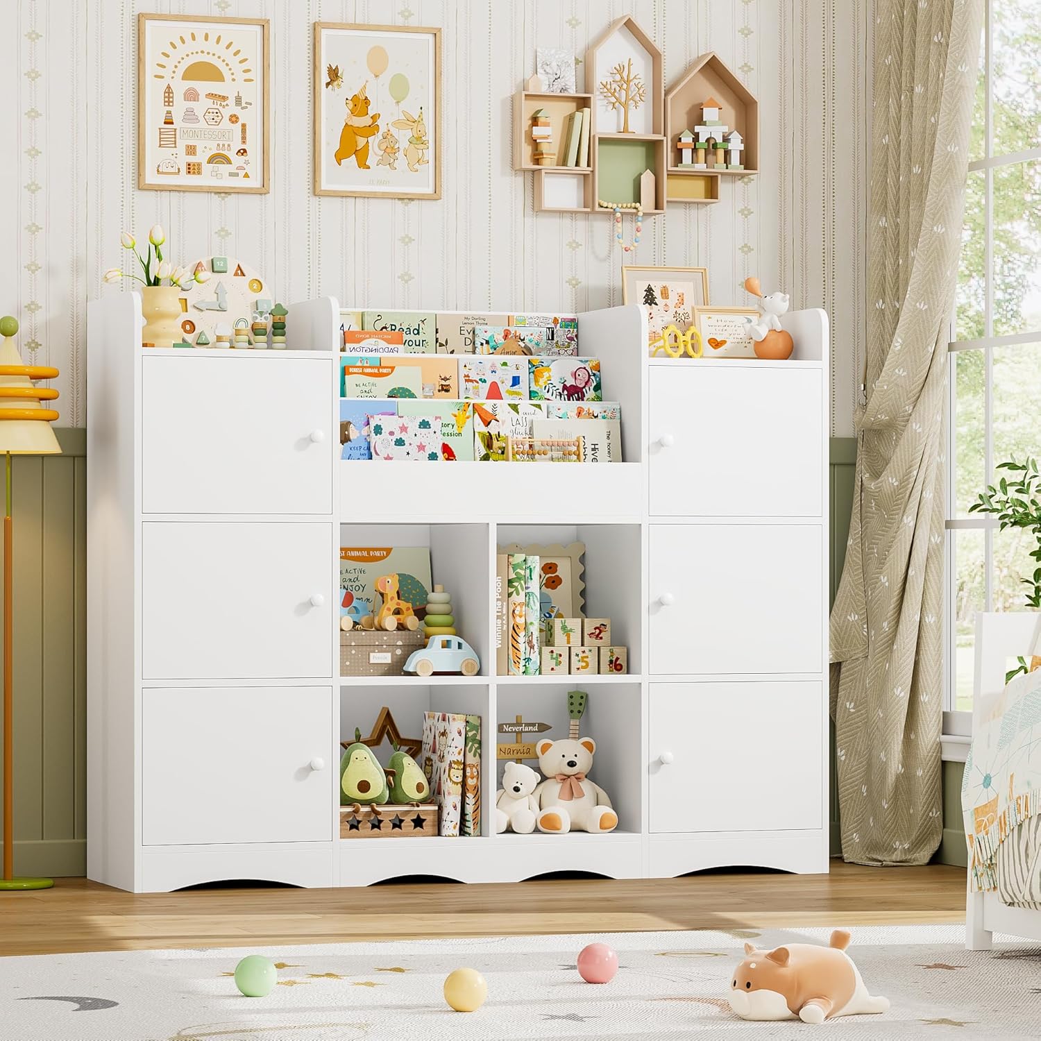 Meuble Rangement Enfant Bibliothèque Enfant avec 6 Portes 15 Étagères de Rangement Jouet Enfants pour Chambre Salle de Jeu 140x30x106 cm Blanc