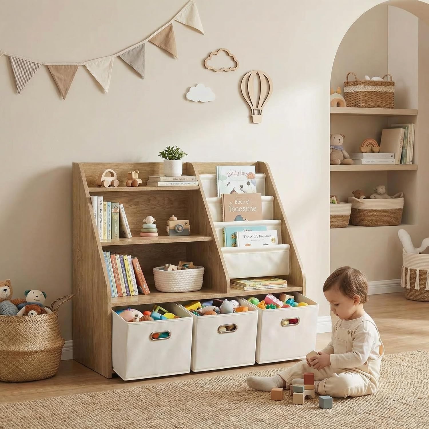 Bibliothèque pour Enfants avec Rangement - Étagère à Jouets Montessori à 4 Niveaux en Bois avec 3 tiroirs et 4 boîtes en Tissu - Organisateur pour Chambre d'enfant et Salle de Jeux Marron