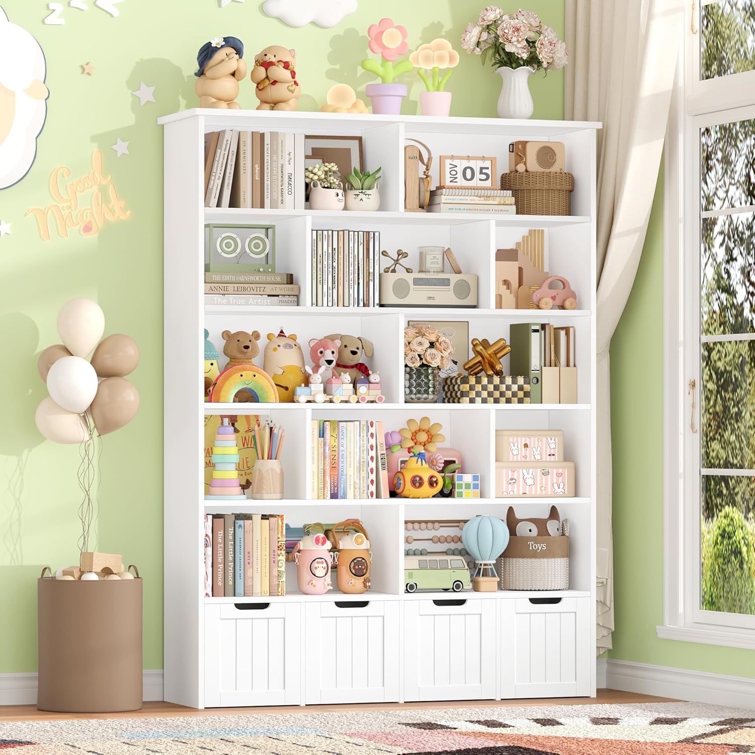 Meuble de Rangement Enfant Bibliothèque Enfant avec 13 Étagères 4 Tiroirs Roulants Rangement Jouet pour Chambre d’Enfant Salle de Jeu 125.5x33x175cm Blanc