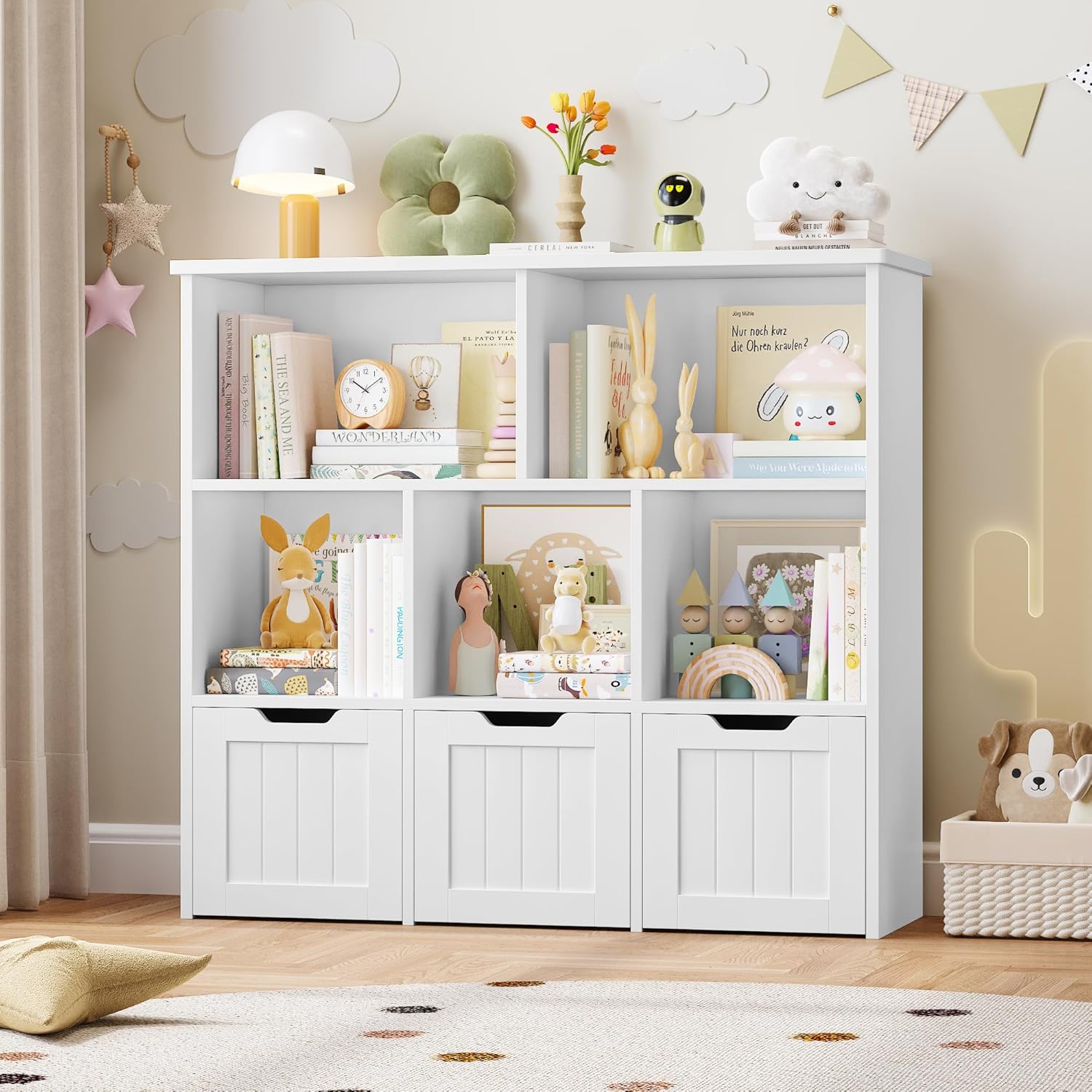 Meuble de Rangement Enfant Rangement Jouet Enfant avec 6 Étagères 3 Tiroirs Roulants Bibliothèque pour Chambre d’Enfant 100x33x89.5cm Blanc