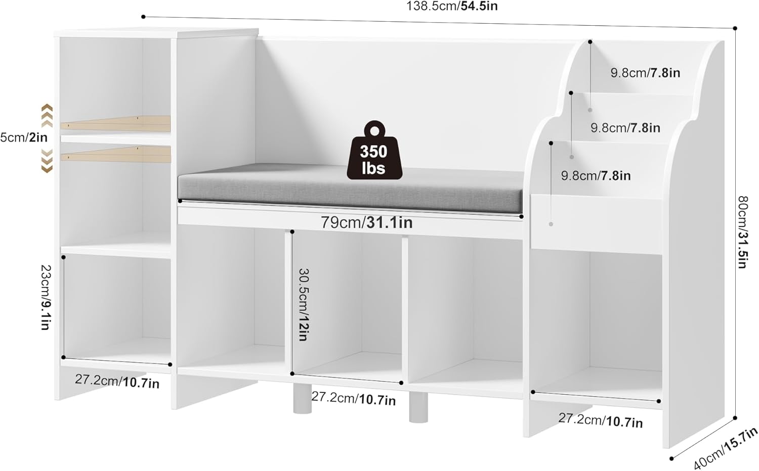 138.5 cm Bibliothèque Enfants, Étagère à Jouets pour Enfants avec 7 Compartiments de Rangement, Meuble pour Chambre d’Enfant avec Banc, 80×40×138.5 cm (Blanc)