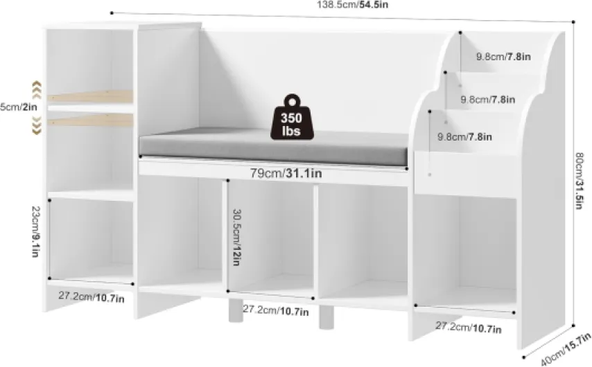 138.5 cm Bibliothèque Enfants, Étagère à Jouets pour Enfants avec 7 Compartiments de Rangement, Meuble pour Chambre d’Enfant avec Banc, 80×40×138.5 cm (Blanc)
