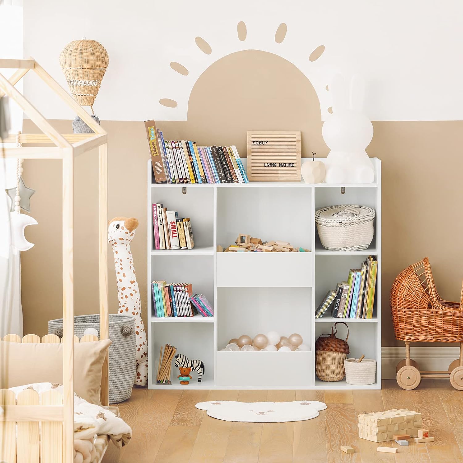 Bibliothèque Enfant Rangement Jouet Enfant avec 8 Compartiments Meuble Rangement Jouet Étagère Bibliothèque Porte-revues Blanc 106x30x104 cm KMB55-W 106x30x104cm Blanc