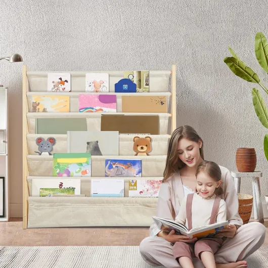 Bibliothèque pour Enfants,Rangement sur 6 Niveaux,Etagere Livre et Meuble pour Chambre de Bebe,Etagère en Bois avec 3 Poches,Animaux des Bois,Meuble Chambre Jouet Enfant,Beige/Gris 75*30*79cm-beige