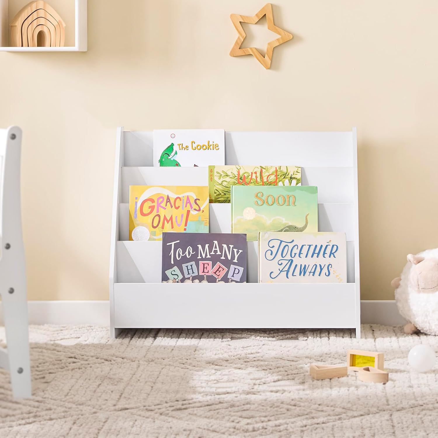 Bibliothèque Enfant Rangement Jouet Enfant Bibliotheque Livre 4 Niveaux et 1 Compartiment Ouvert Étagère à Livres Meuble de Rangement Chambre d'Eanfant Bureau Salon Blanc 70x30x60 cm KMB32-K-W