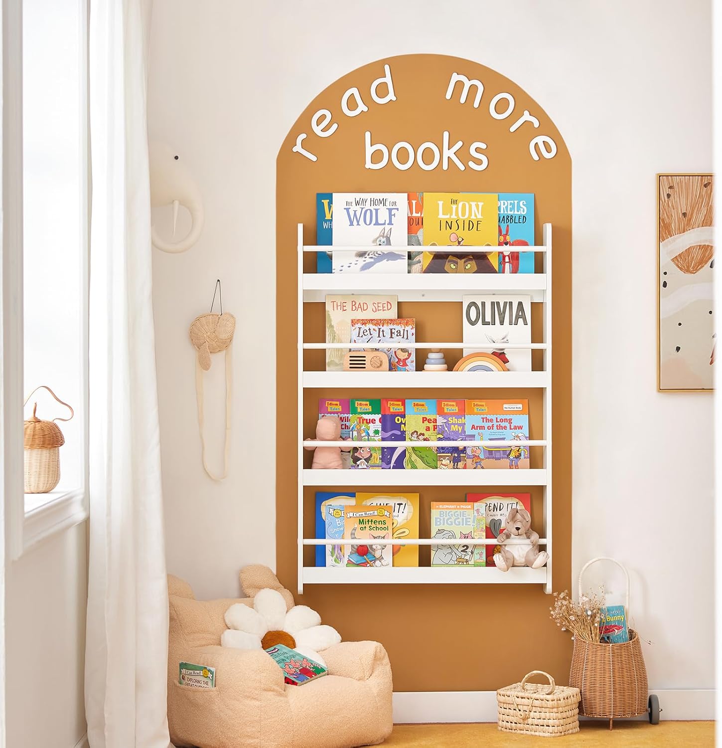 Bibliotheque Enfant Montessori Meuble Rangement Enfant avec 4 Niveaux Etagere Livre Bibliothèque Murale Rangement Jouet Meuble de Rangement Enfant Blanc 80x12x118cm KMB08-II-W