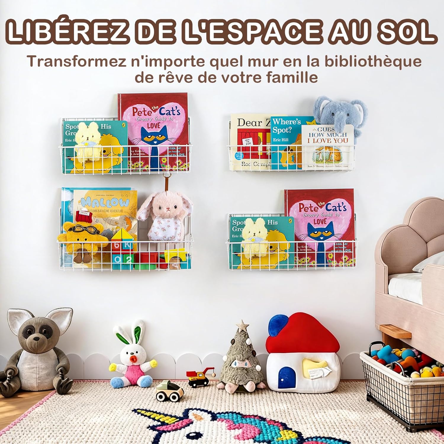 Lot de 6 Étagères Muraux Enfant en Métal, Bibliothèque Murale, Étagère à Livres Mural pour Chambre d’Enfants, Rangement pour Livres, Filles et Garçons, Bébé - Blanche