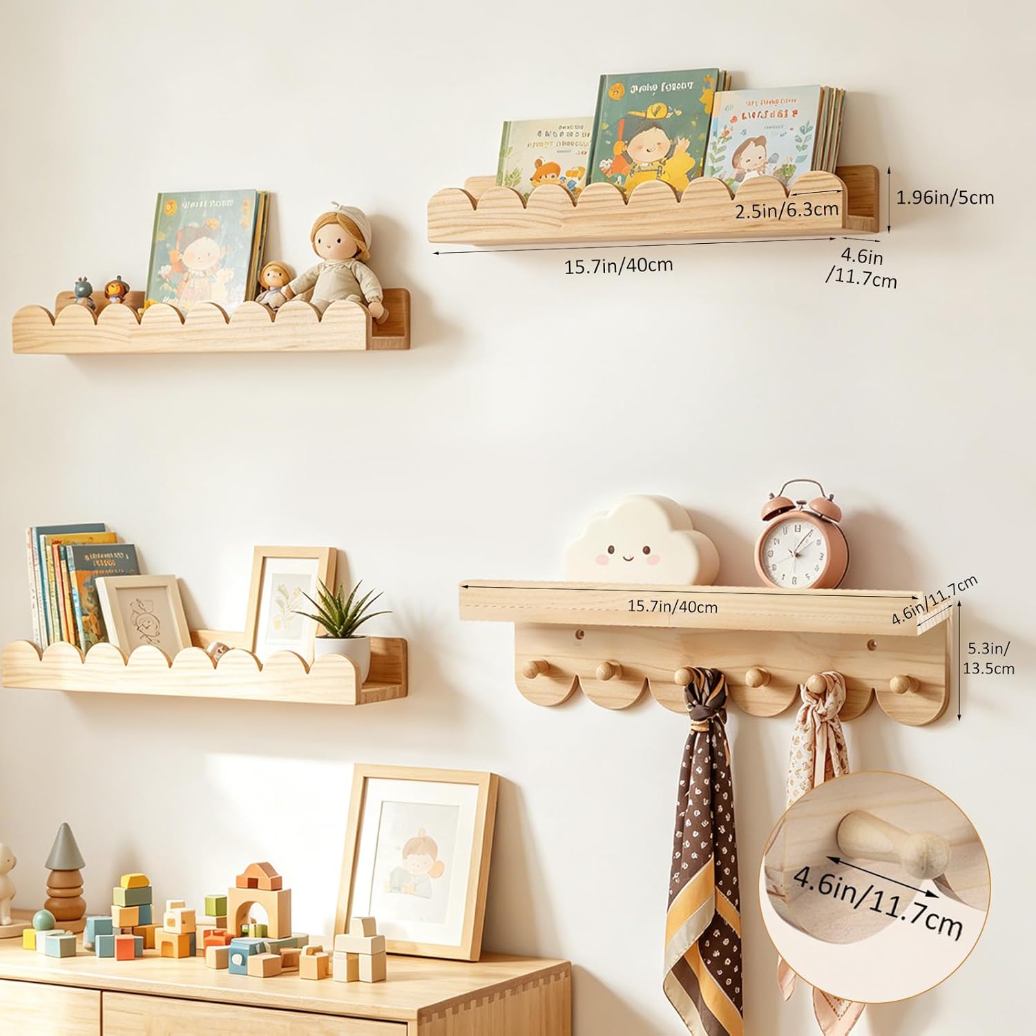 Lot de 4 Étagère Murale Enfant, 40 cm Bibliothèque Murale en Bois avec Crochets, Étagère Flottante Montessori pour Chambre Enfant, Salon, Chambre à Coucher – Idéal pour Livres et Cadres Photo