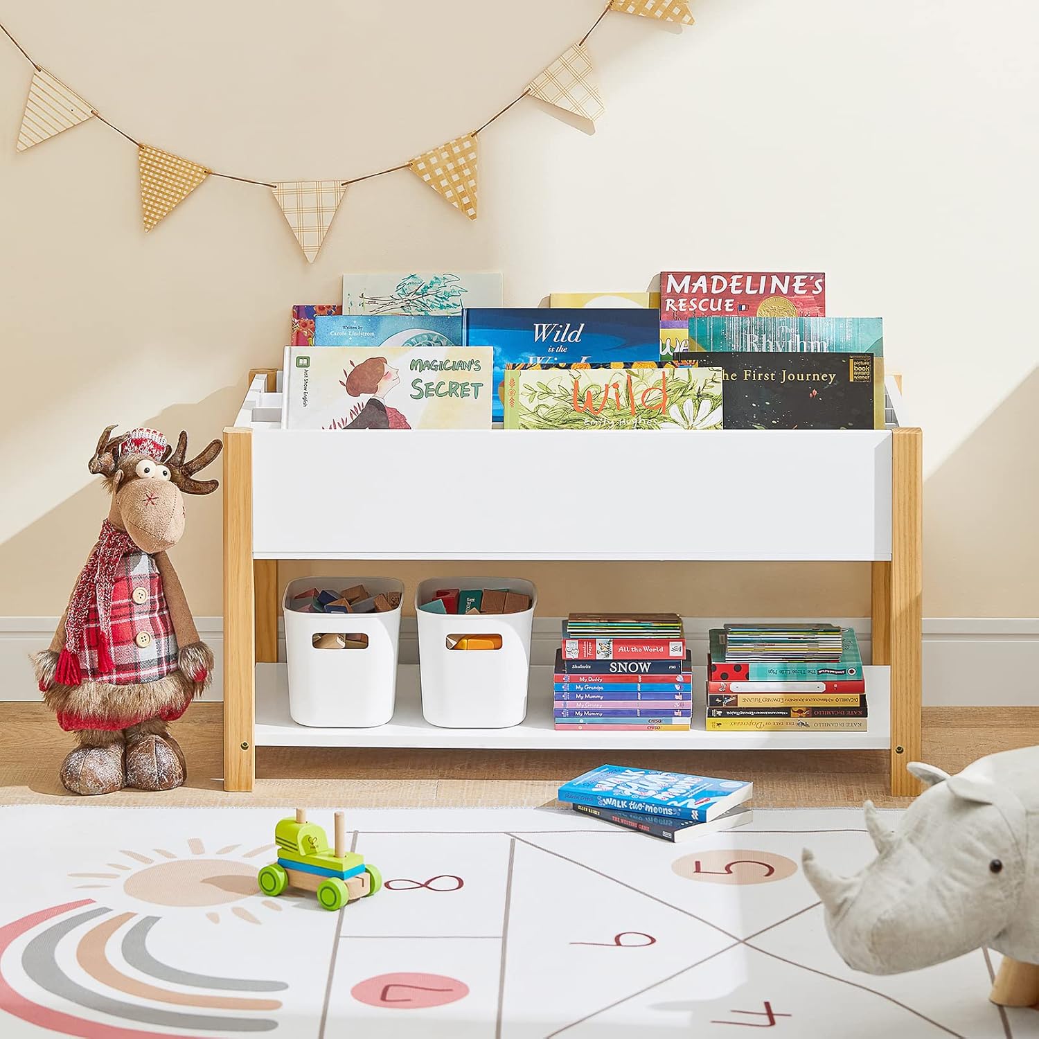 Bibliothèque Enfants, Étagère à Livres, Étagère de Rangement pour Livres et Jouets, Meuble de Rangement, Organisateur de Jouets et Livres Multifonctionnel à 2 Étagères, L85xP42xH45 cm, KMB35-W
