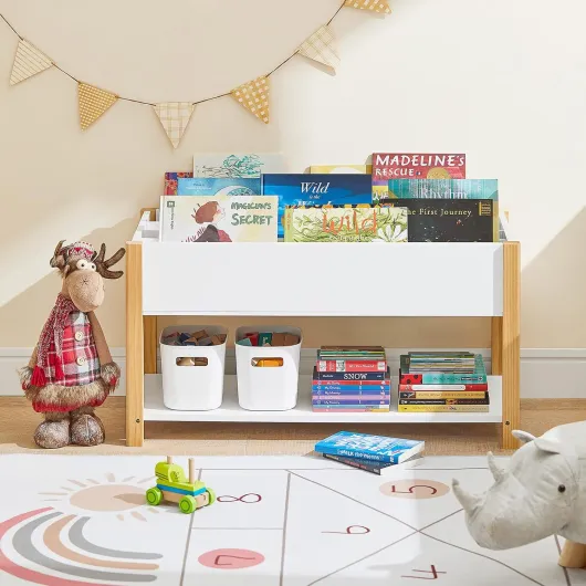 Bibliothèque Enfants, Étagère à Livres, Étagère de Rangement pour Livres et Jouets, Meuble de Rangement, Organisateur de Jouets et Livres Multifonctionnel à 2 Étagères, L85xP42xH45 cm, KMB35-W