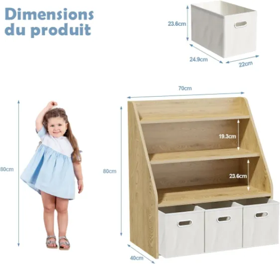 Bibliothèque en Bois pour Enfant avec 3 tiroirs Amovibles - Étagère de Rangement Montessori 3 en 1 pour Chambre d'enfant et Salle de Jeux Beige