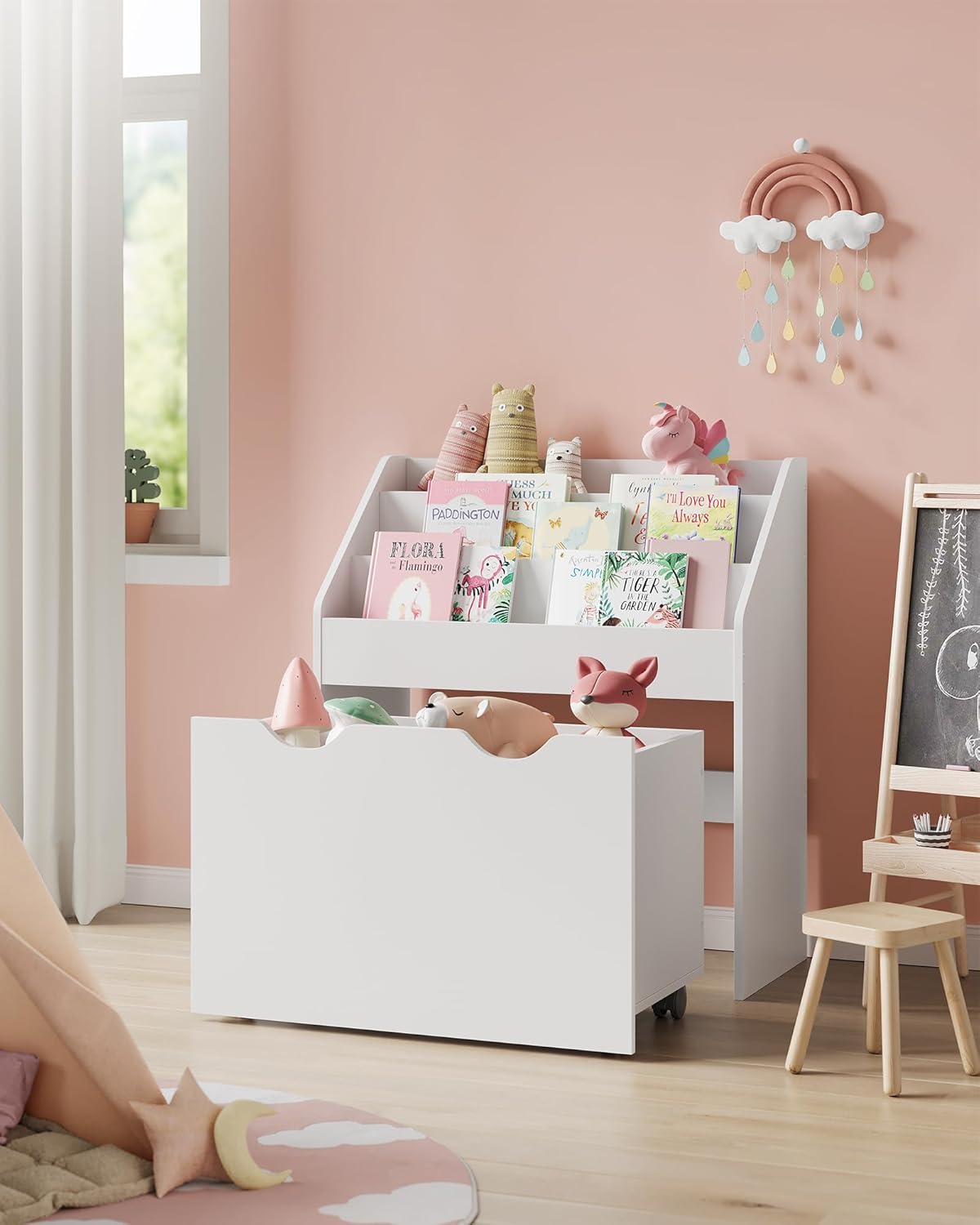 Étagère pour Jouets, 3 Compartiments Bibliothèque pour Enfants, Boîte à Jouets Mobile, avec roulettes, Multi-Usage, pour Chambre d'enfant et Salle de Jeux, Blanc Nuage GKR041W10