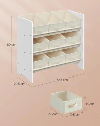 Étagère à Jouets pour Enfants, Étagère à Livres pour Enfants, 9 Boîtes de Rangement en Tissu Non-tissé, Étagère pour Chambre d’Enfant, Spacieuse, 29,5 x 62,5 x 60 cm, Blanc Nuage GKR033W10 Blanc Nuage 9 Boîtes