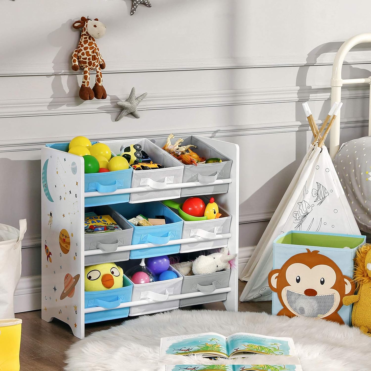 Étagère de Rangement Enfant pour Jouets et Livres, 9 Boîtes Amovibles Tissu Non-tissé, pour Chambre d Enfant, Salle de Jeux, Garderie, École, 62,5 x 29,5 x 60 cm, Motif Espace, Blanc GKR33WT Motif de Planète 7 Boîtes