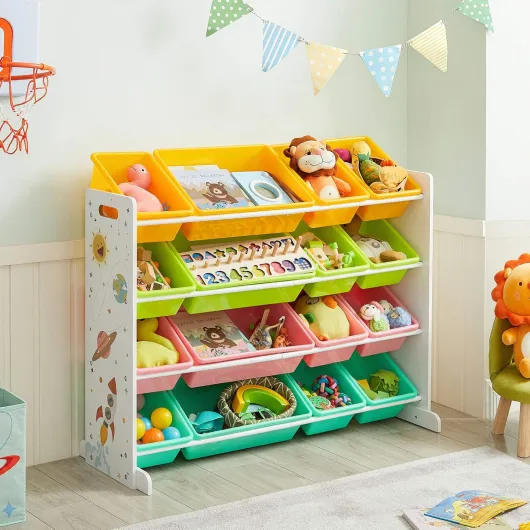 Meuble de Rangement Enfant, Organisateur Jouets 4 Niveaux, Étagère avec 16 Bacs en Plastique, pour Chambre d'enfant, Salle de Jeux, Salon, Jaune, Vert Citron, Rose, Vert Menthe GKR070W01 Rangement Plastique Série Jaune