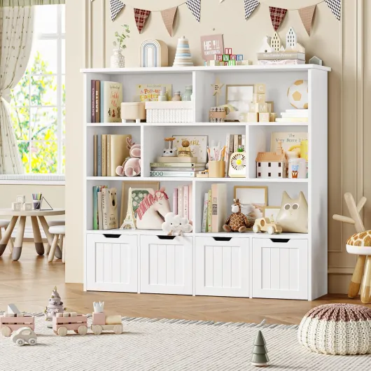 Meuble de Rangement Enfant Bibliothèque Enfant avec 8 Étagères 4 Tiroirs Roulants Rangement Jouet pour Chambre d’Enfant Salle de Jeu 125.5x33x118cm Blanc