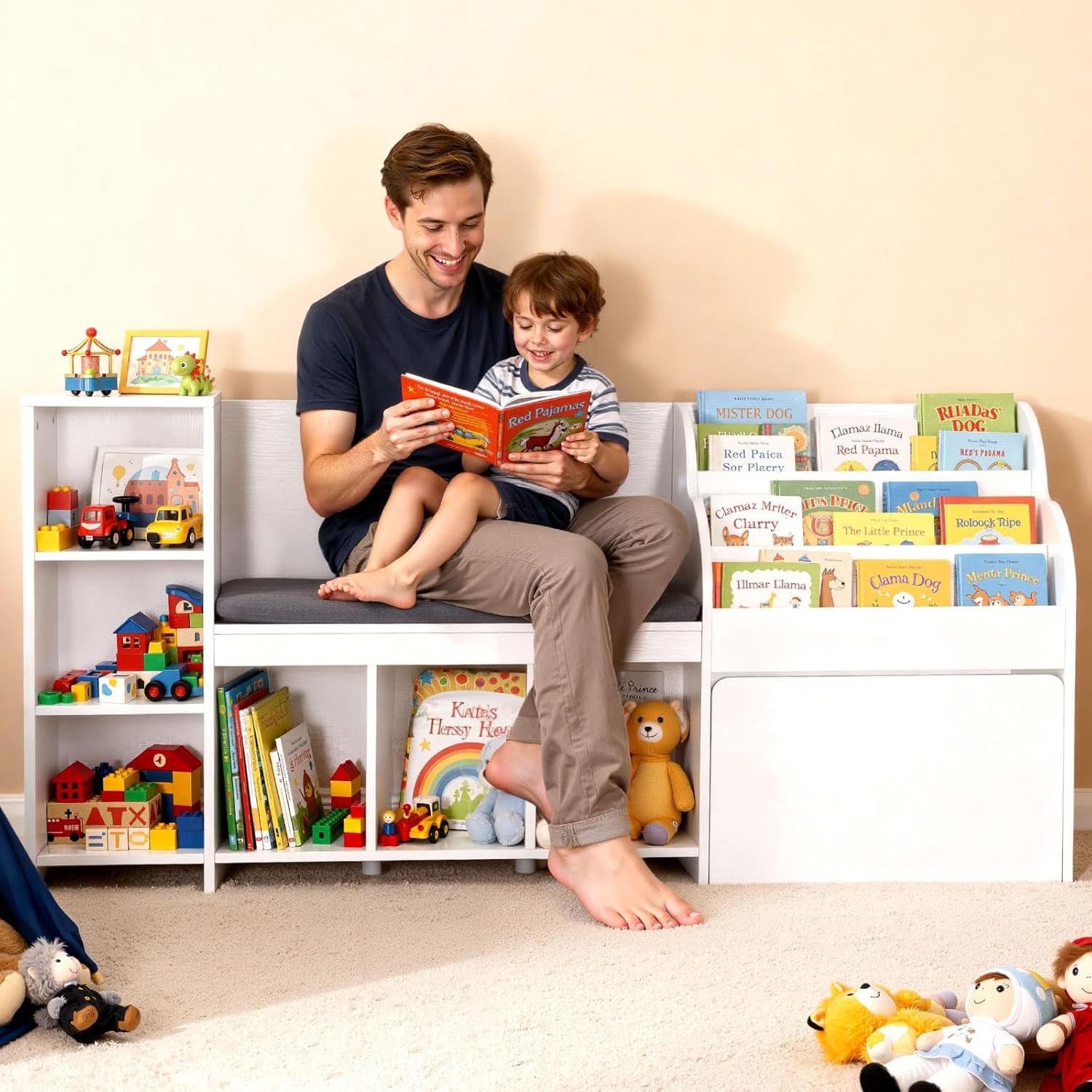 Banc de Rangement pour Enfants 170 x 40 x 80 cm, bibliothèque en Bois avec Rangement de Jouets, Banc de Lecture avec Dossier, Grand Coffre à Jouets pour Salle de Jeux, Salon ou entrée, Blanc Blanc 66.93 x 15.75 x 31.5 pulgadas Coin de lecture