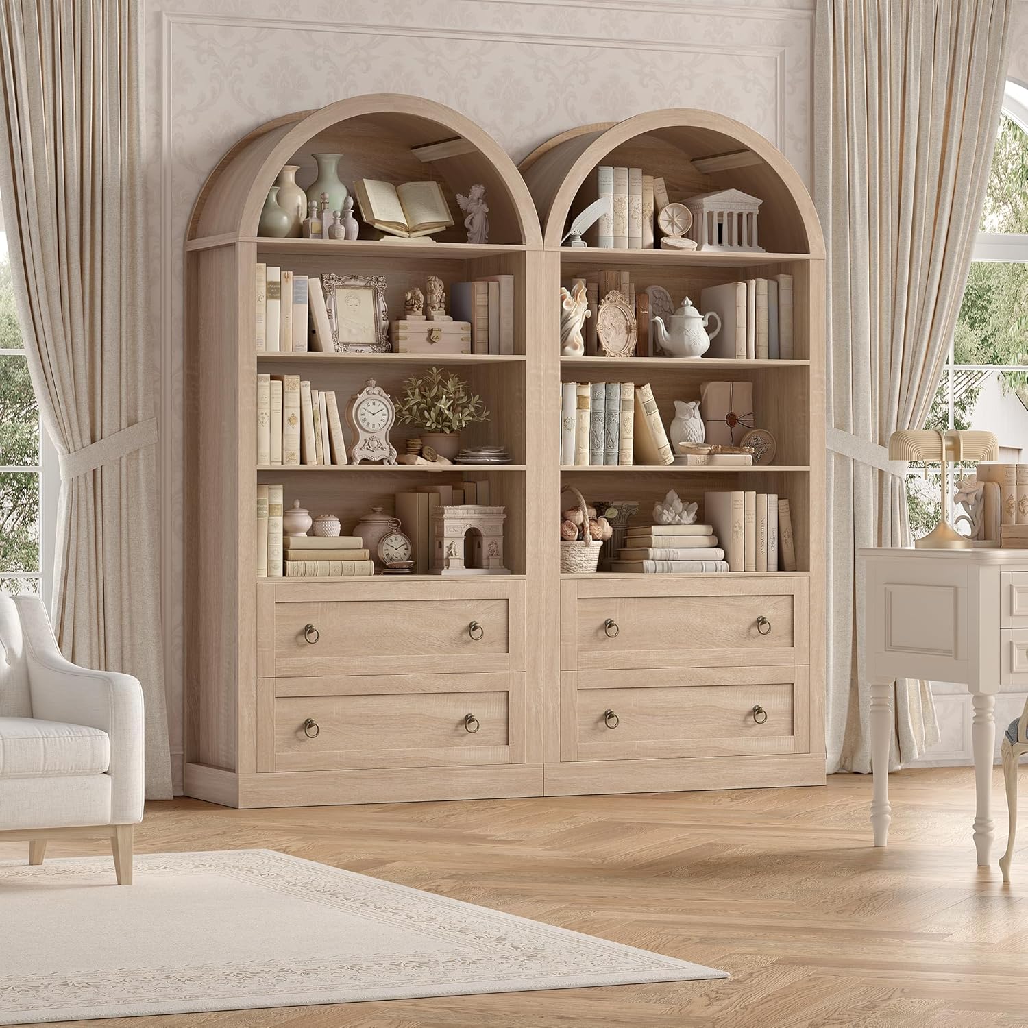 Bibliotheque Meuble de Rangment avec 2 Tiroirs 4 Etagère Bibliotheque Livre en Forme d'arc Bibliotheques pour Salon Bureau Cuisine 177x79,5x36cm Chêne