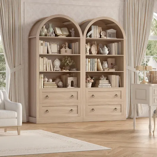 Bibliotheque Meuble de Rangment avec 2 Tiroirs 4 Etagère Bibliotheque Livre en Forme d'arc Bibliotheques pour Salon Bureau Cuisine 177x79,5x36cm Chêne