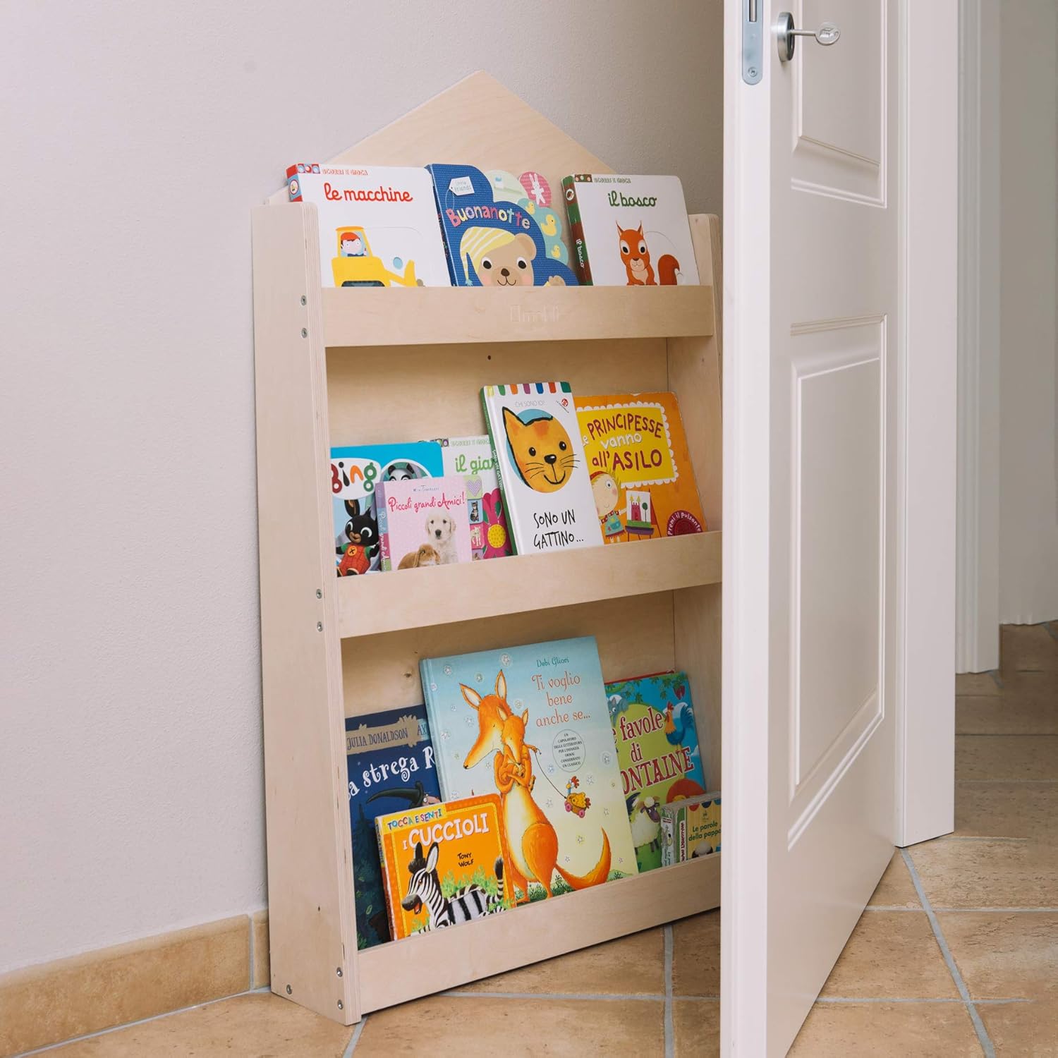 Dotty by moblì® -La bibliothèque Montessorienne pour Enfants en Bois Naturel - Etagères à 3 hauteurs- Positionnement Frontal des Livres - Peu encombrant - Made in Italy (Bois Naturel, Nuage) Blanc nuage
