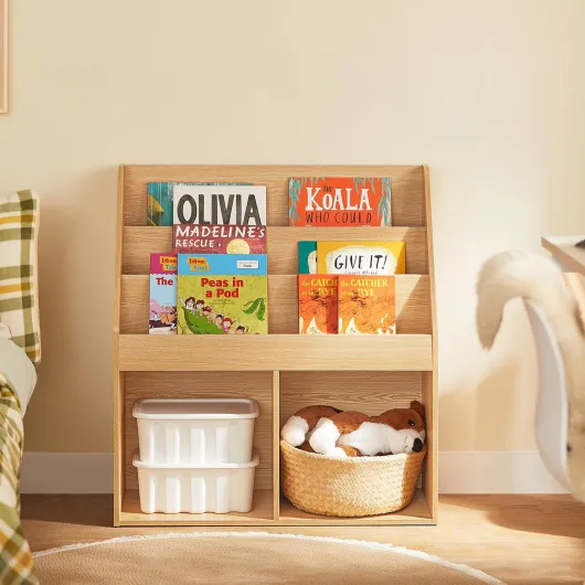 Bibliotheque Enfant Rangement Livres Enfant avec 3 Étagères et 2 Compartiments Ouverts Meuble Rangement Jouet Étagère Bibliothèque Porte-revues Naturel 73x30x80 cm KMB01-N Bois avec Vert Doux