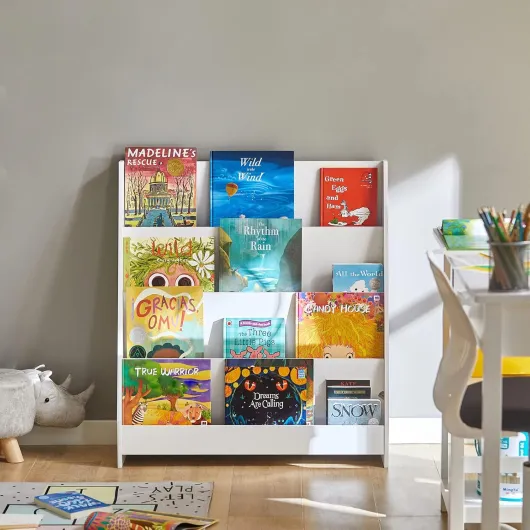 Bibliothèque Enfant Rangement Livre Jouet Enfant Bibliothèque Livre 4 Niveaux Étagère à Livres Meuble de Rangement Chambre d'enfant Bureau Salon Blanc 80x30x88 cm KMB32-W Blanc-standard
