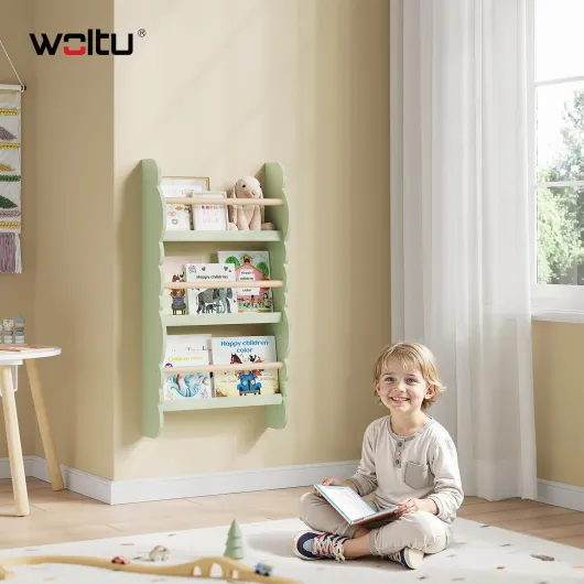 Bibliothèque Murale, Étagère de Rangement pour Chambre d'enfants pour Ranger des Livres, Jouets en Bois MDF à 3 Niveaux, Thème - Voyage dans la Forêt, 42,5x14,5x80 cm Vert 42.5x80cm